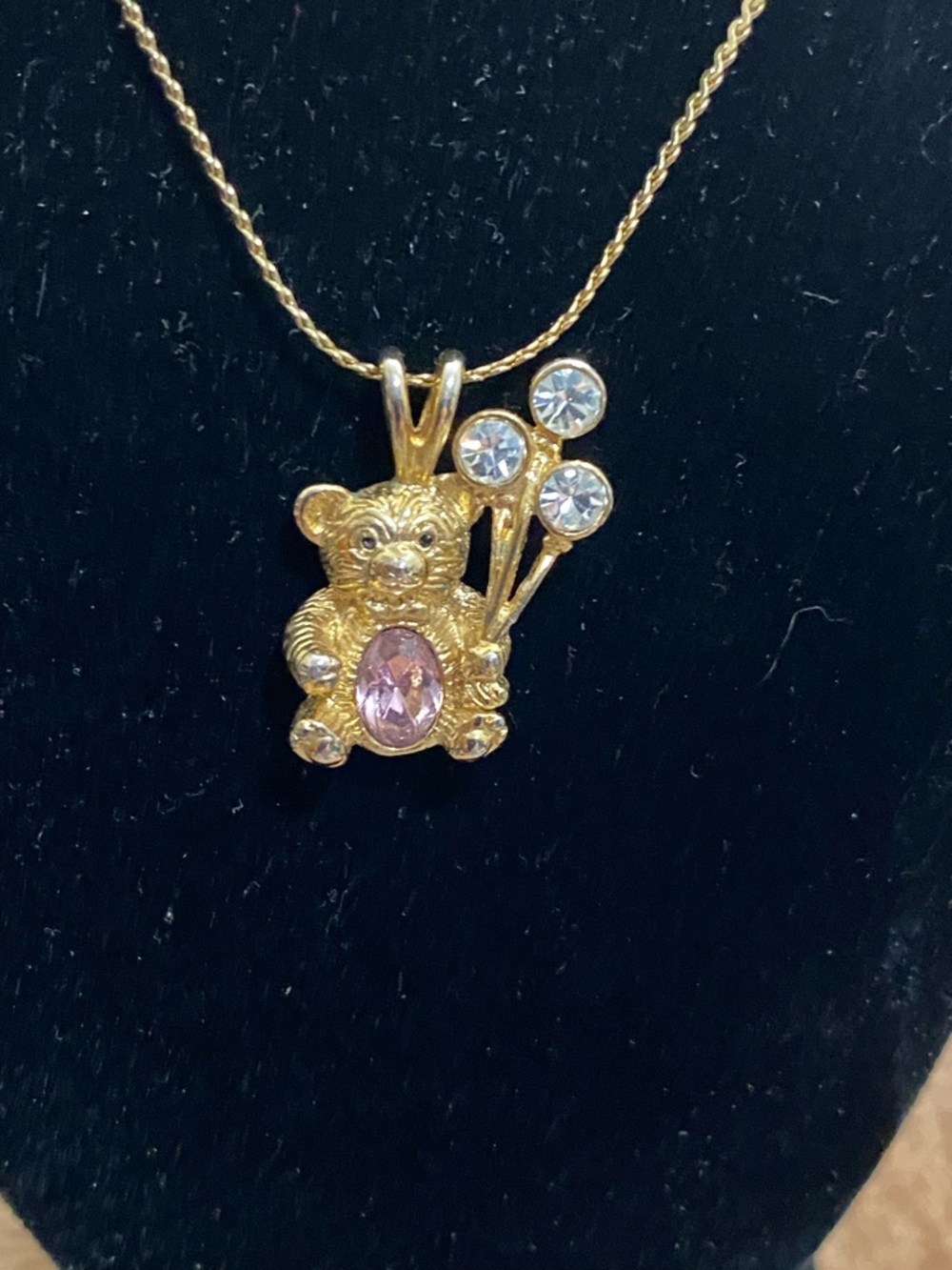 Gold Teddy Bear Pendant Necklace with Pink and Clear Stones
